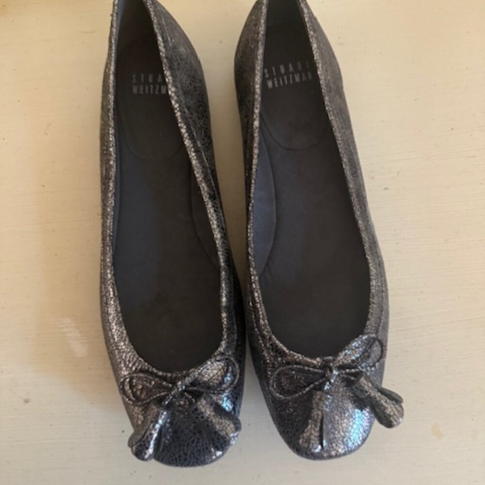 STUART WEITZMAN Leather Bow Accents Ballet Flats Pewter